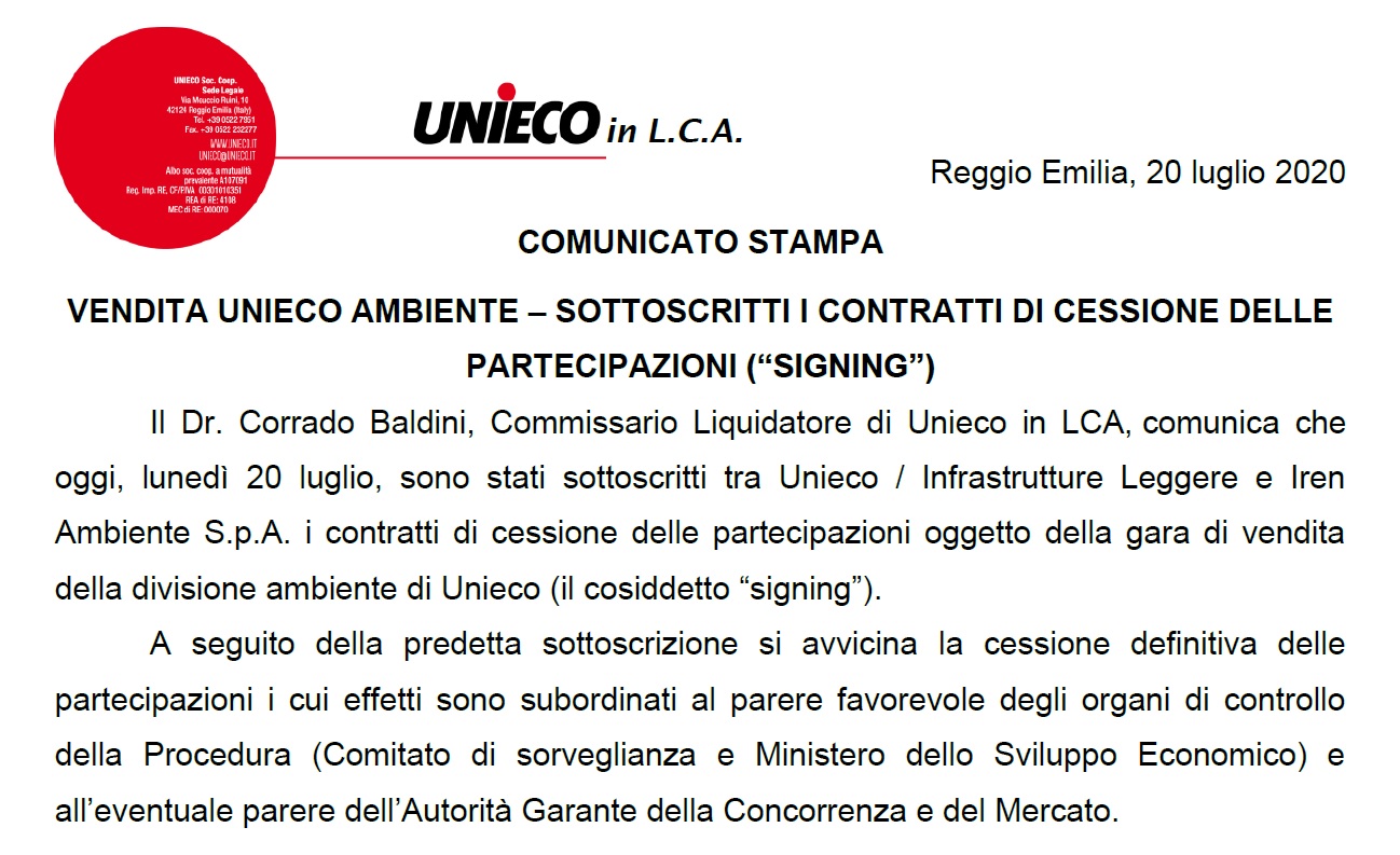 Al momento stai visualizzando Vendita Unieco Ambiente – Sottoscritti i contratti di cessione delle partecipazioni (“signing”)