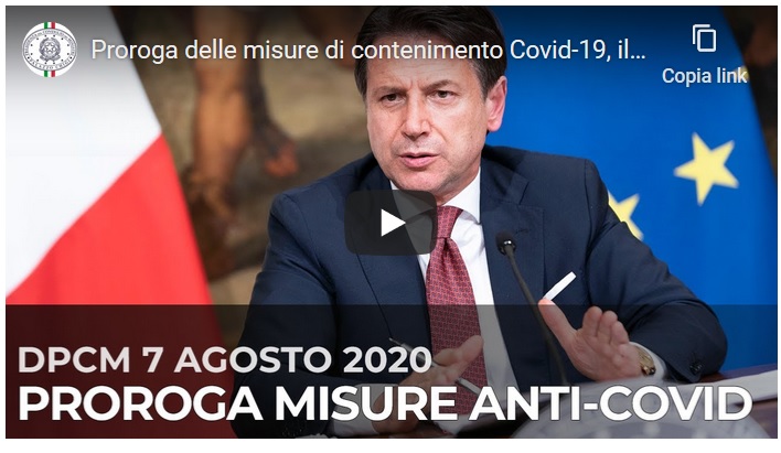 Al momento stai visualizzando Proroga delle misure di contenimento Covid-19, il Dpcm del 7 agosto 2020