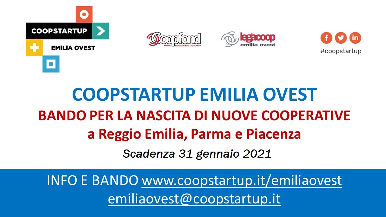 Al momento stai visualizzando Coopstartup: prorogata al 31 gennaio 2021 la scadenza del Bando per nuove coop a Reggio Emilia, Parma e Piacenza