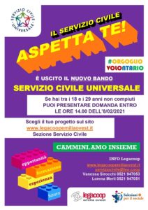 Scopri di più sull'articolo Prorogato il Bando di Servizio Civile Universale 2020 – Scadenza 17 febbraio 2021 ore 14.<br />
14 posti nelle cooperative Proges, Cabiria e Il Ginepro per esperienze di valore rivolte a giovani dai 18 ai 28 anni