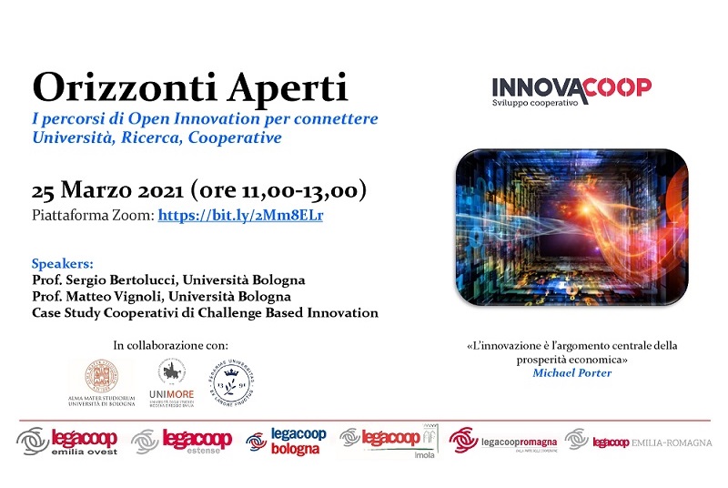 Al momento stai visualizzando ORIZZONTI APERTI, percorsi di Open Innovation, strumento per la crescita e lo sviluppo dell’impresa. Un webinar il 25 marzo, promosso da Innovacoop e le Leghecoop dell’Emilia Romagna